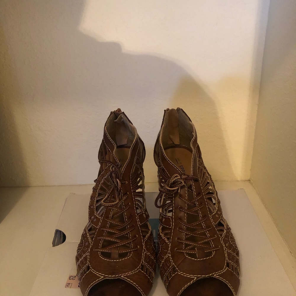 Call It Spring Brown Lace-Up Peep-Toe Heels
